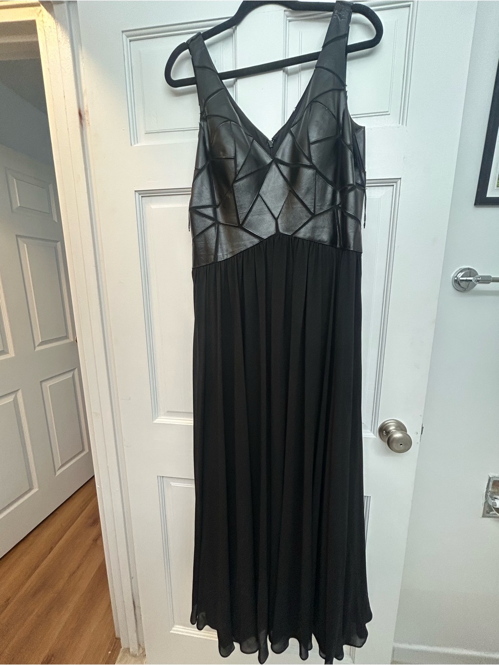 Aidan Mattox Black Maxi Dress with Geometric Faux-Leather Bodice